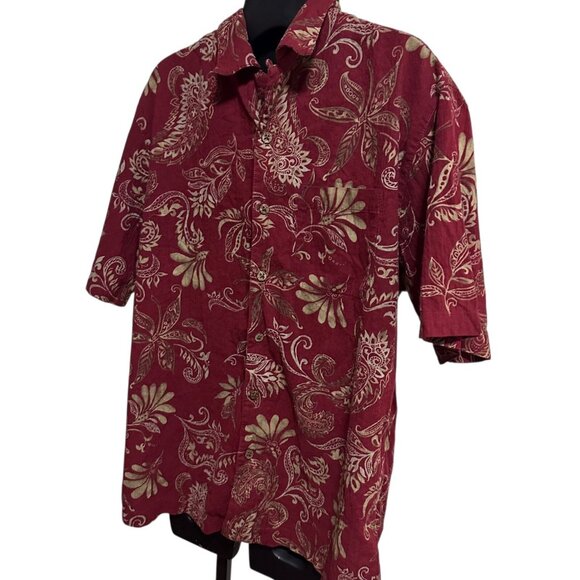 Caribbean Men’s Large Maroon Leaf Print Short Sleeve Shirt 2000s Cotton Blend - Picture 3 of 12